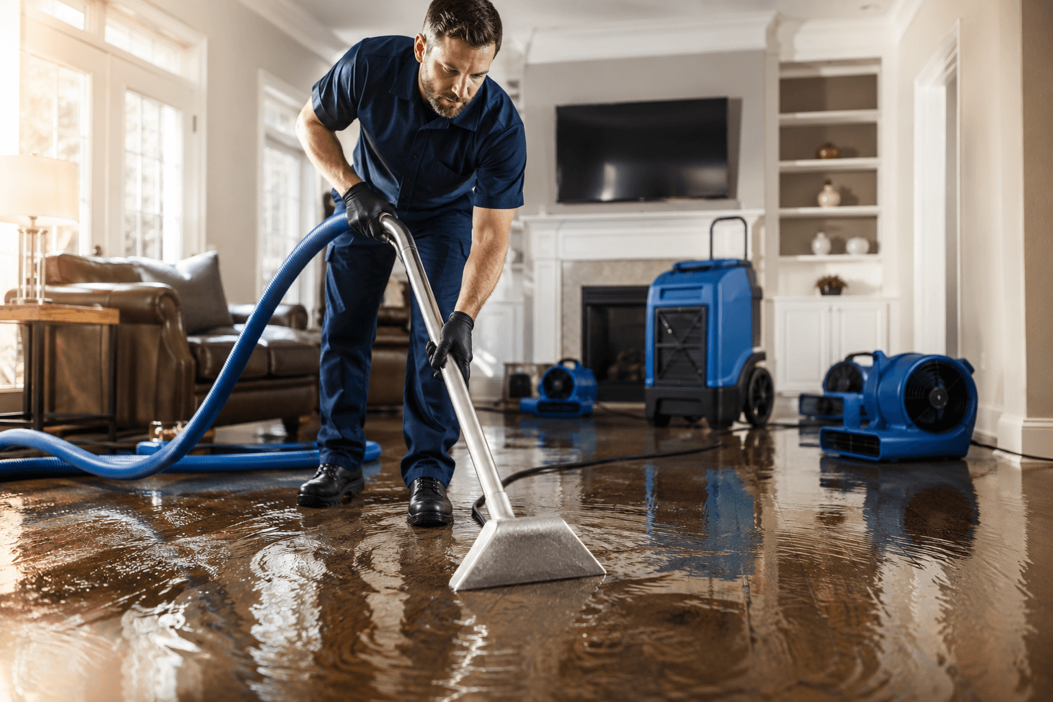 Water damage restoration professional extracting flood water from home